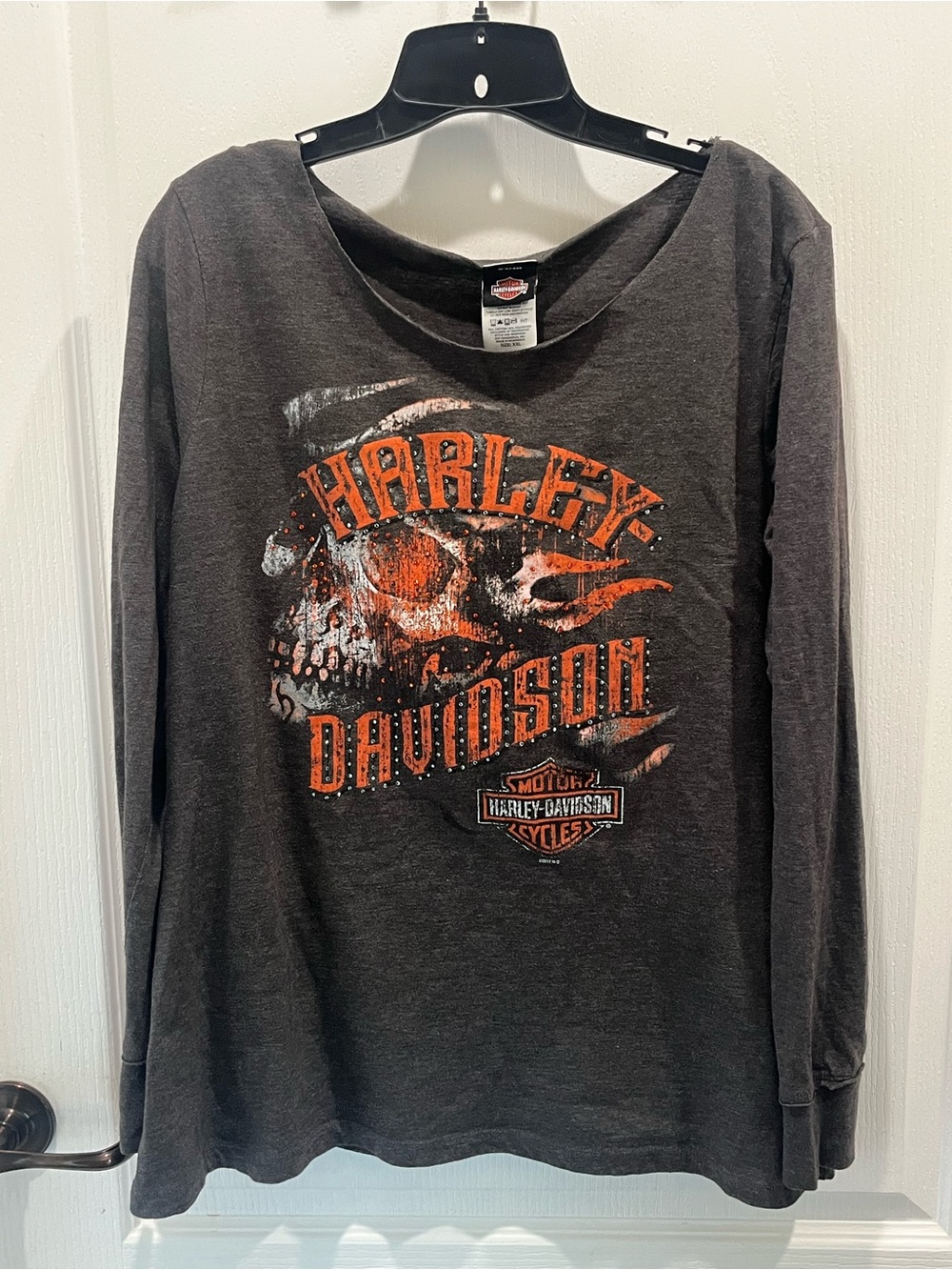 Harley-Davidson women’s Long Sleeve Tee in Charcoal with Orange Graphic XXL